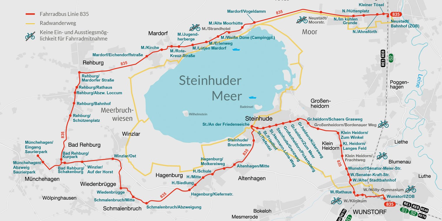Karte der Linienführung der Linie 835 rund um das Steinhuder Meer.
